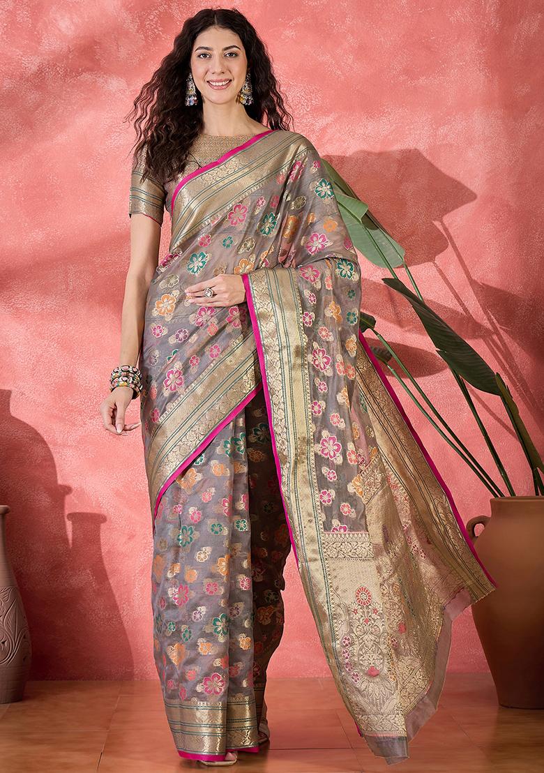 Grey Zari Woven Rangkat Organza Saree Organza Saree Set