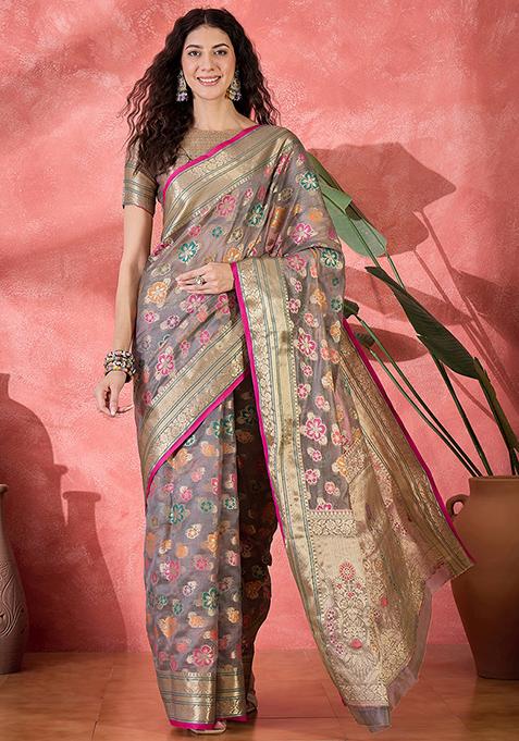Grey Zari Woven Rangkat Organza Saree Organza Saree Set
