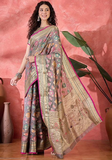 Grey Zari Woven Rangkat Organza Saree Organza Saree Set