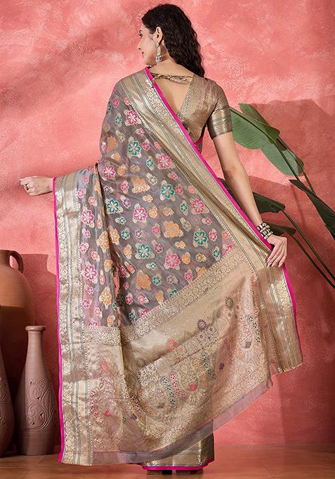 Grey Zari Woven Rangkat Organza Saree Organza Saree Set