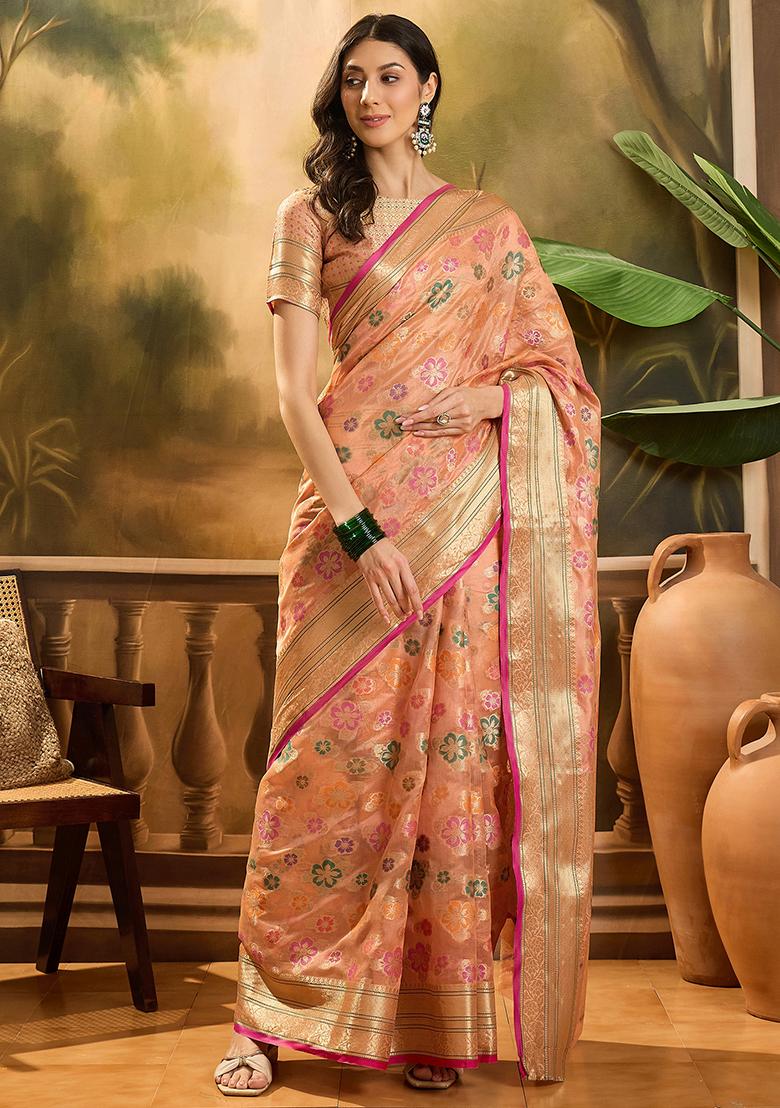 Peach Zari Woven Rangkat Organza Saree Organza Saree Set