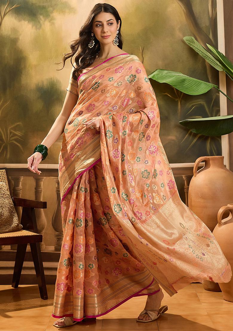 Peach Zari Woven Rangkat Organza Saree Organza Saree Set