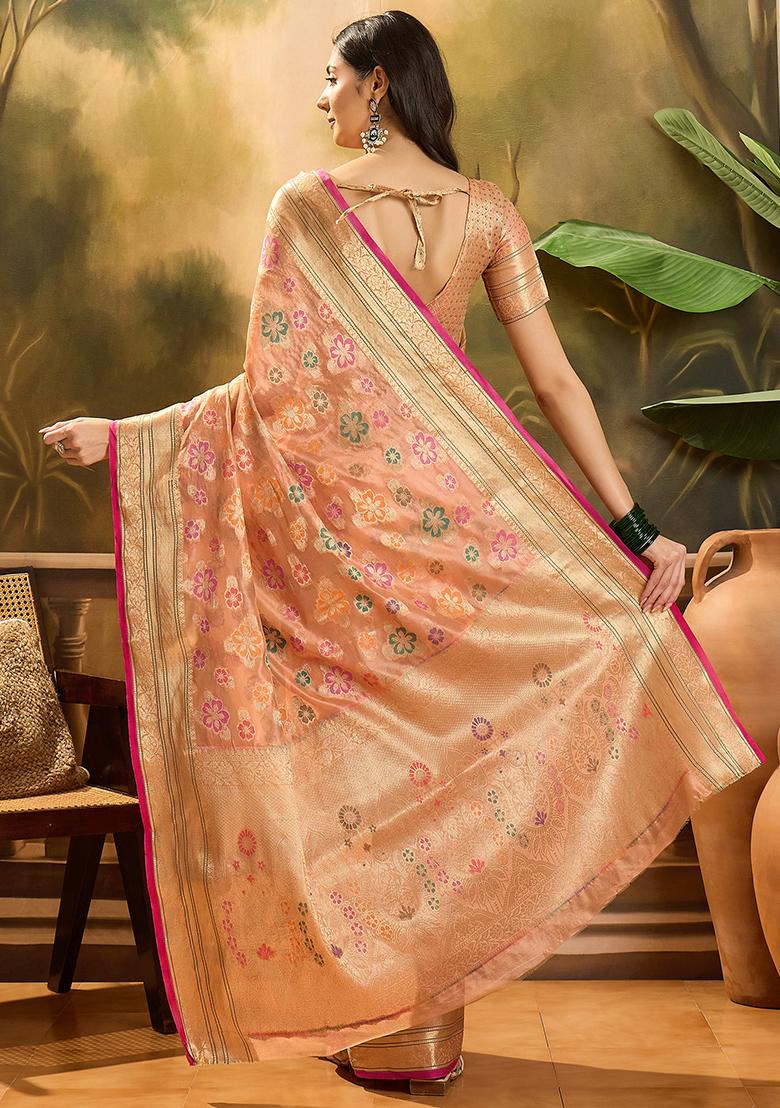 Peach Zari Woven Rangkat Organza Saree Organza Saree Set