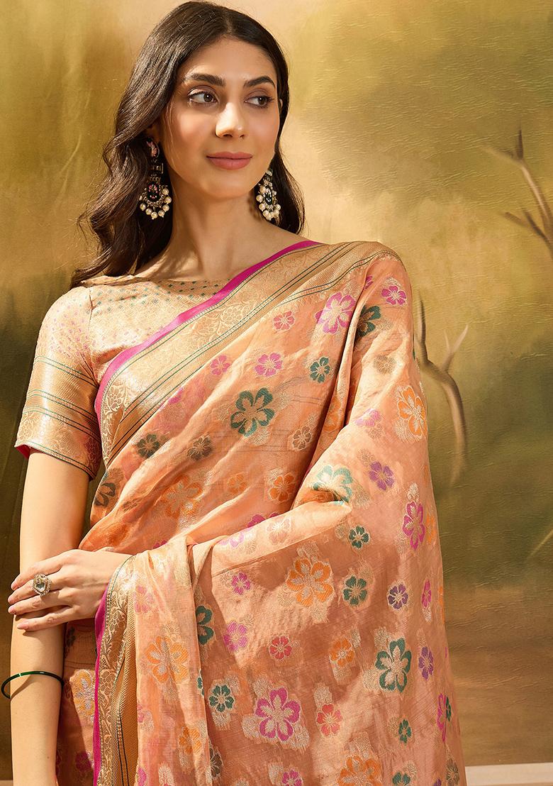 Peach Zari Woven Rangkat Organza Saree Organza Saree Set