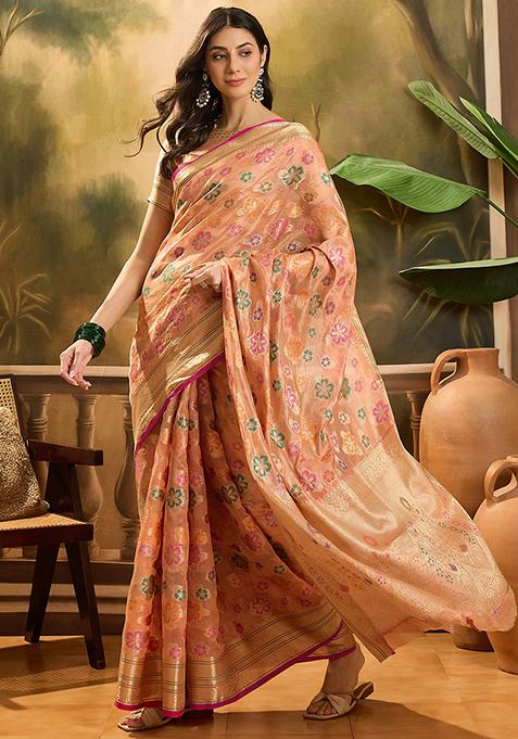 Peach Zari Woven Rangkat Organza Saree Organza Saree Set