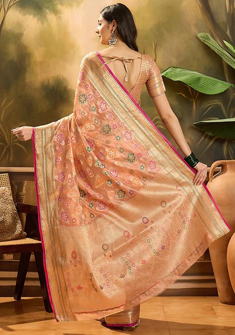 Peach Zari Woven Rangkat Organza Saree Organza Saree Set