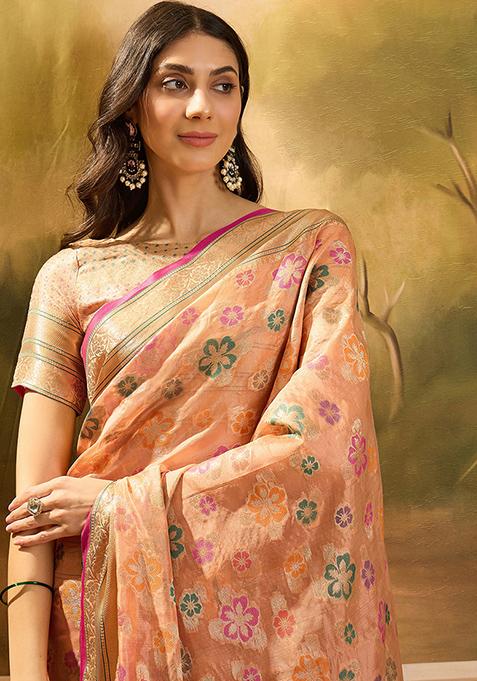 Peach Zari Woven Rangkat Organza Saree Organza Saree Set