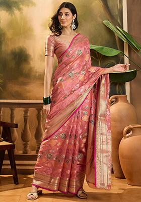 Pink Zari Woven Rangkat Organza Saree Organza Saree Set