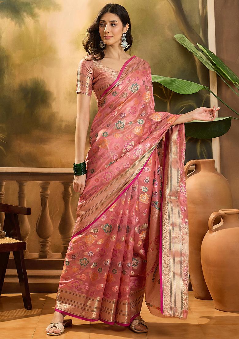 Pink Zari Woven Rangkat Organza Saree Organza Saree Set