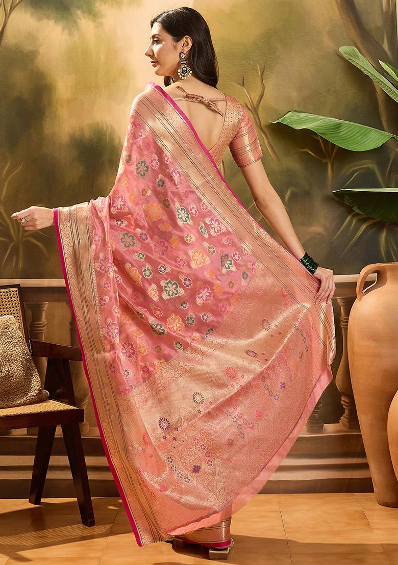 Pink Zari Woven Rangkat Organza Saree Organza Saree Set