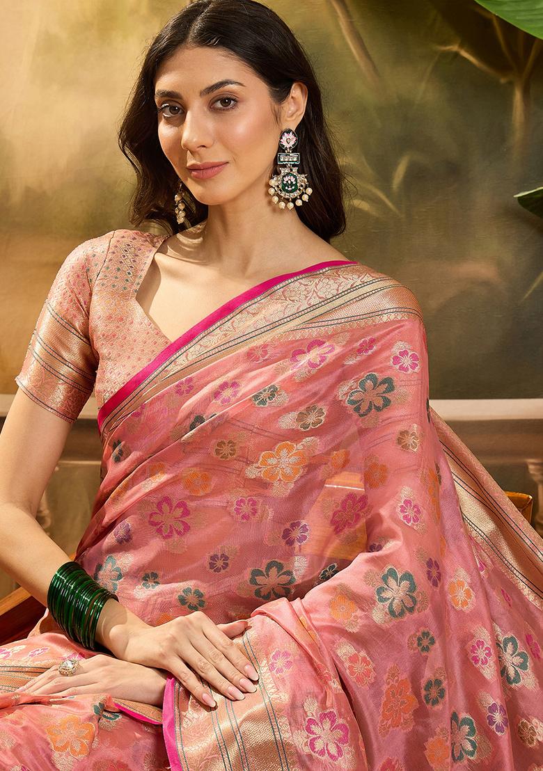 Pink Zari Woven Rangkat Organza Saree Organza Saree Set