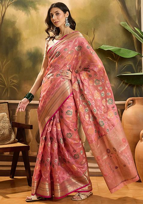 Pink Zari Woven Rangkat Organza Saree Organza Saree Set
