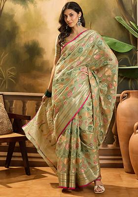 Pista Green Zari Woven Rangkat Organza Saree Organza Saree Set