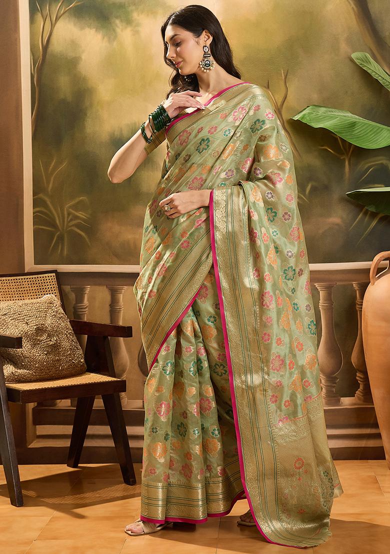 Pista Green Zari Woven Rangkat Organza Saree Organza Saree Set