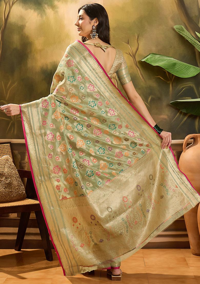 Pista Green Zari Woven Rangkat Organza Saree Organza Saree Set