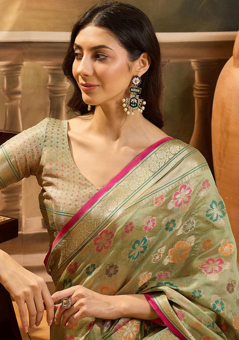 Pista Green Zari Woven Rangkat Organza Saree Organza Saree Set