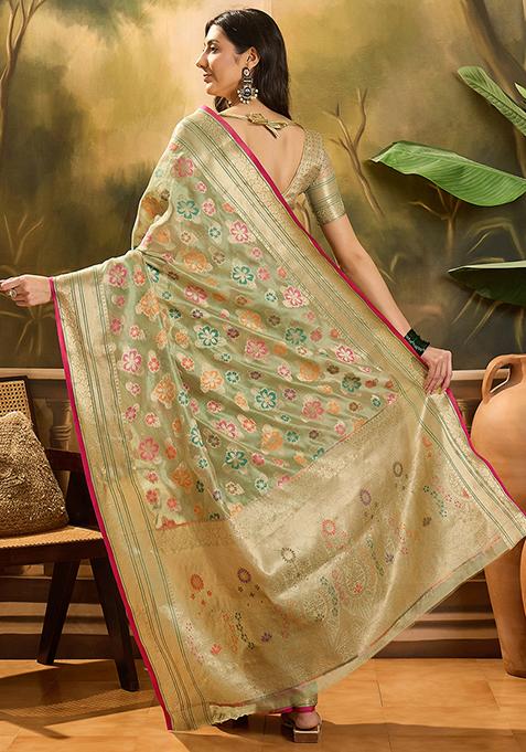 Pista Green Zari Woven Rangkat Organza Saree Organza Saree Set