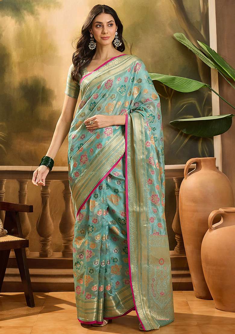 Sky Blue Zari Woven Rangkat Organza Saree Organza Saree Set - Indya