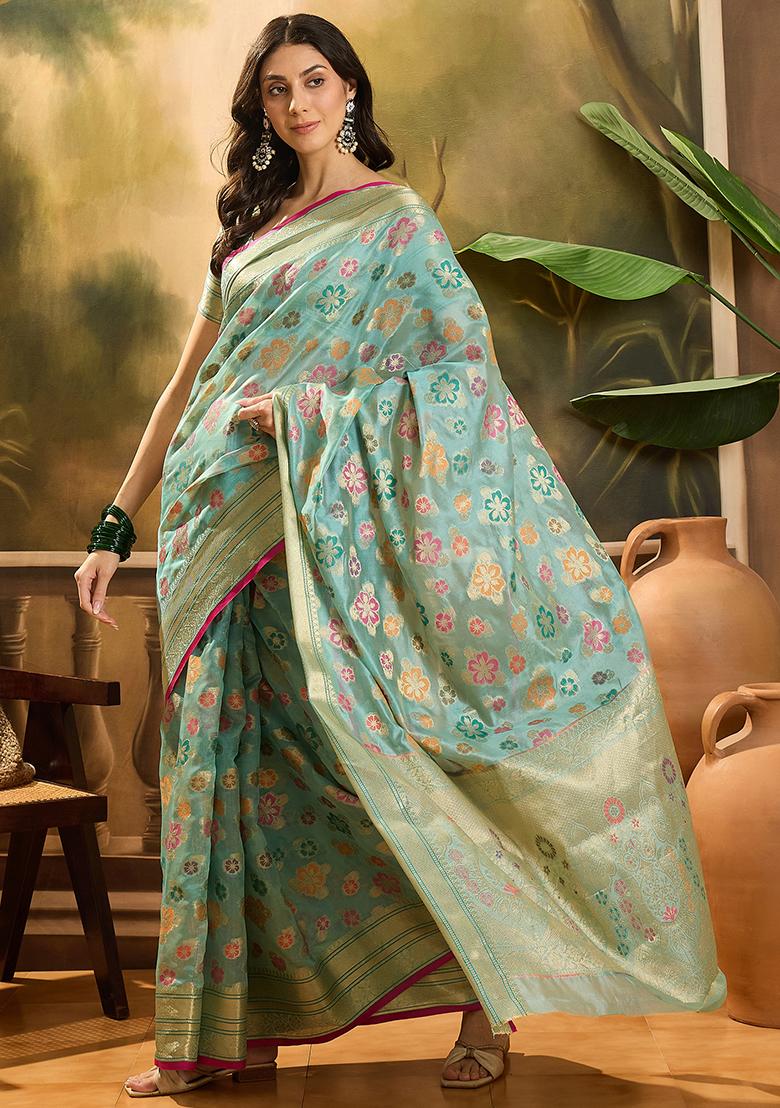Sky Blue Zari Woven Rangkat Organza Saree Organza Saree Set
