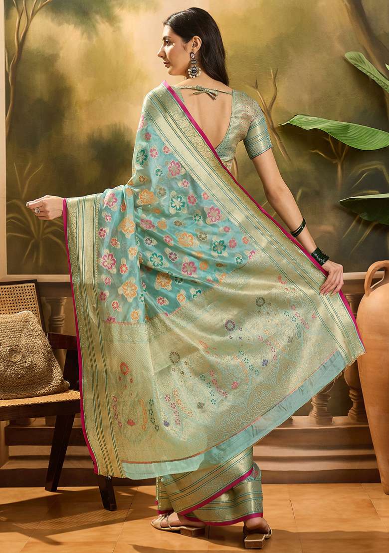 Sky Blue Zari Woven Rangkat Organza Saree Organza Saree Set - Indya