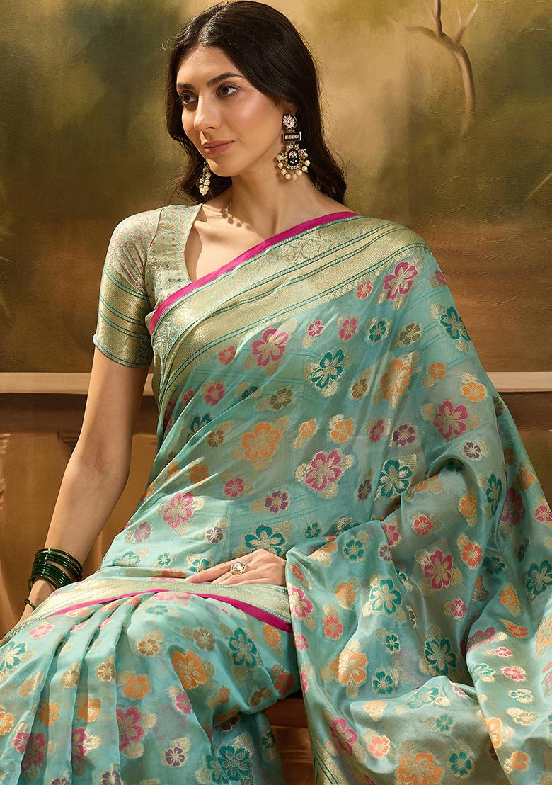 Sky Blue Zari Woven Rangkat Organza Saree Organza Saree Set