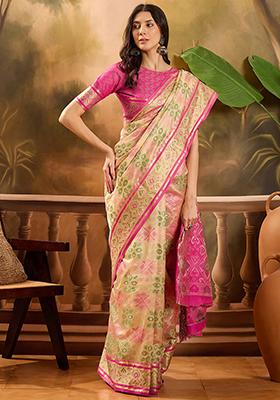 Beige  Zari Woven Patola Organza Saree Organza Saree Set
