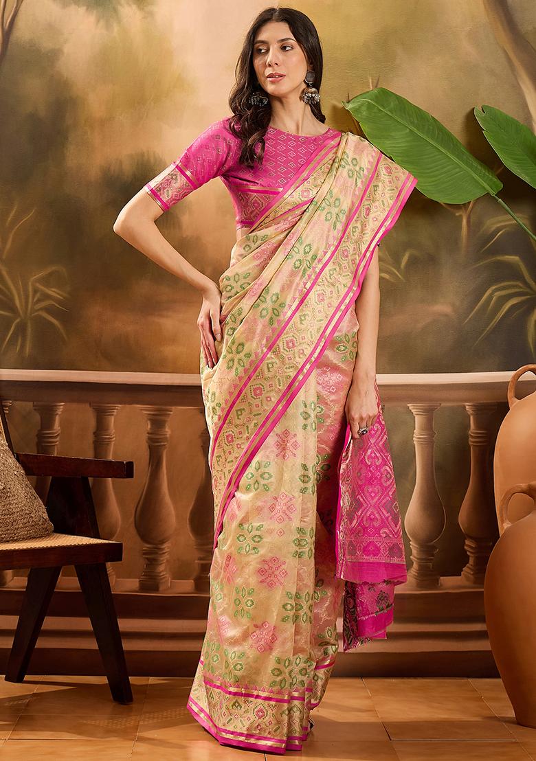 Beige Zari Woven Patola Organza Saree Organza Saree Set