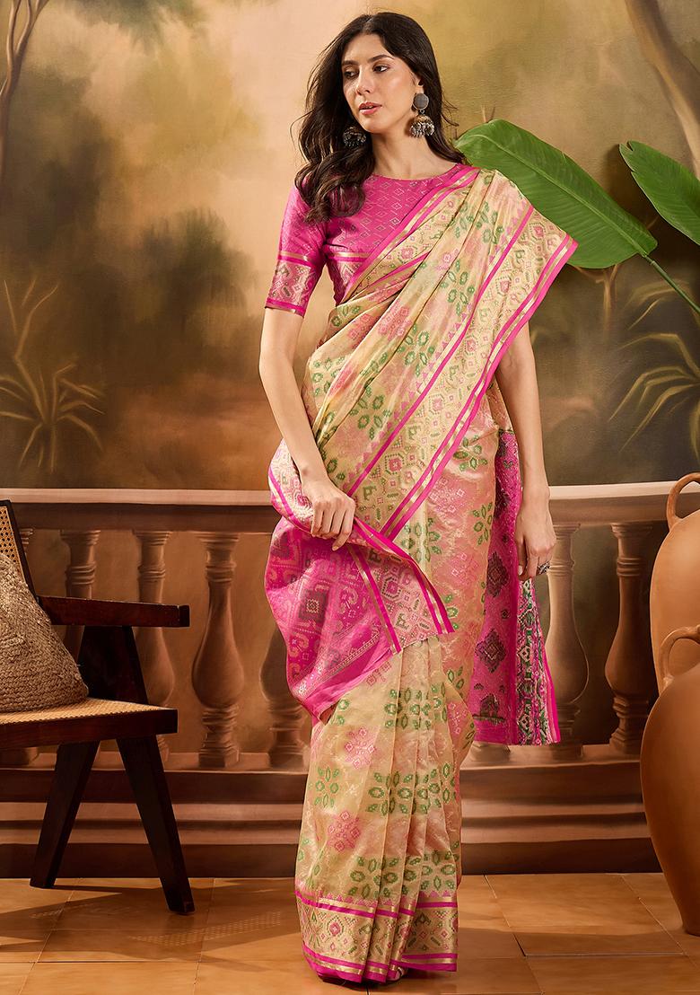 Beige  Zari Woven Patola Organza Saree Organza Saree Set