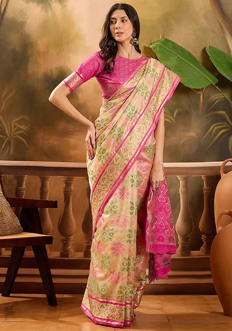 Beige  Zari Woven Patola Organza Saree Organza Saree Set