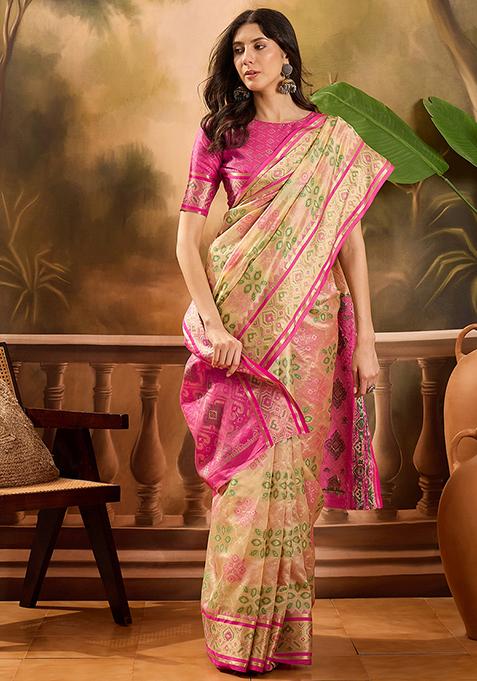 Beige Zari Woven Patola Organza Saree Organza Saree Set