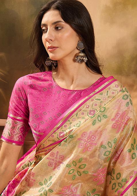 Beige Zari Woven Patola Organza Saree Organza Saree Set