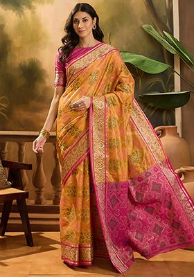 Mustard Yellow Zari Woven Patola Organza Saree Organza Saree Set