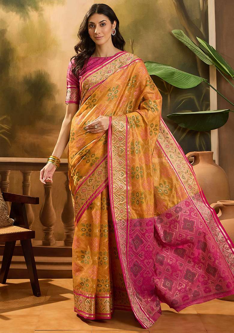 Mustard Yellow Zari Woven Patola Organza Saree Organza Saree Set - Indya