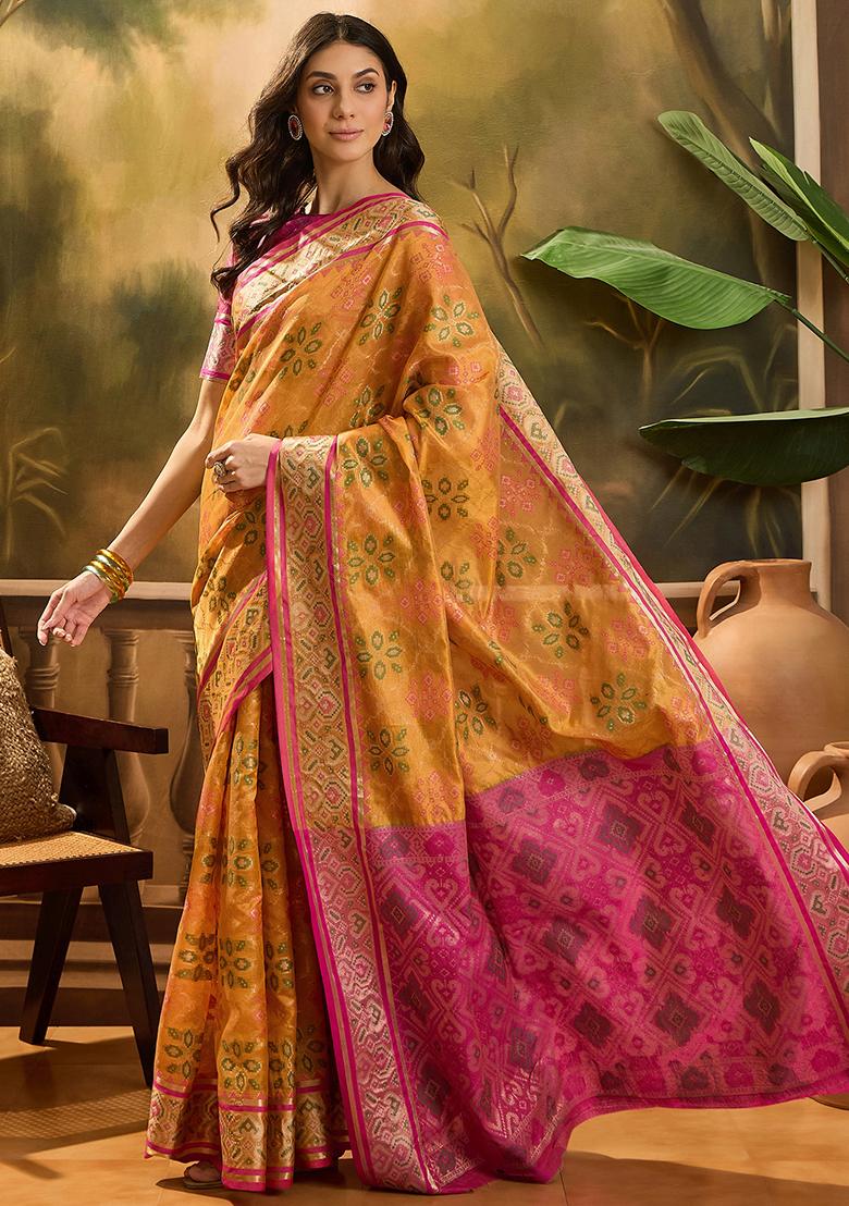 Mustard Yellow Zari Woven Patola Organza Saree Organza Saree Set