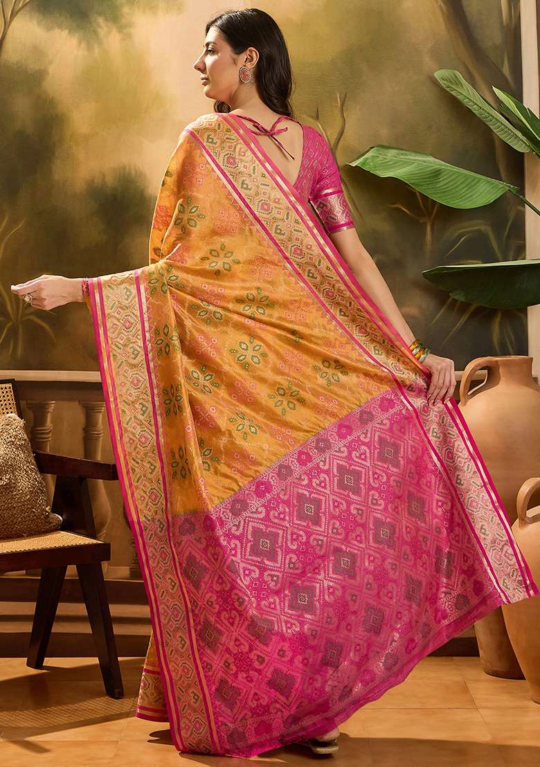 Mustard Yellow Zari Woven Patola Organza Saree Organza Saree Set - Indya