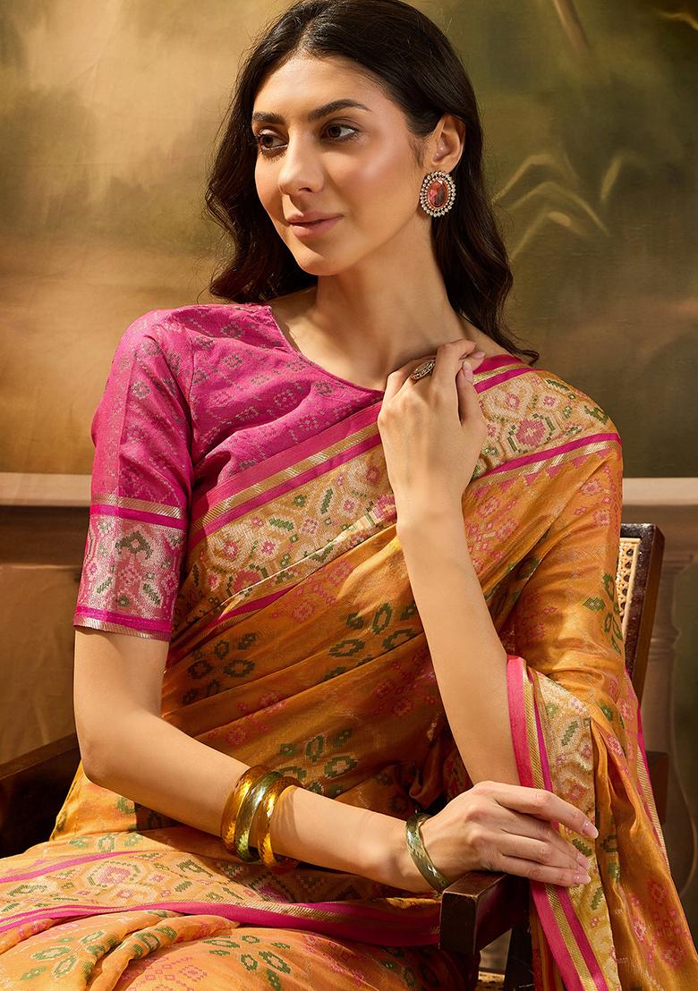 Mustard Yellow Zari Woven Patola Organza Saree Organza Saree Set