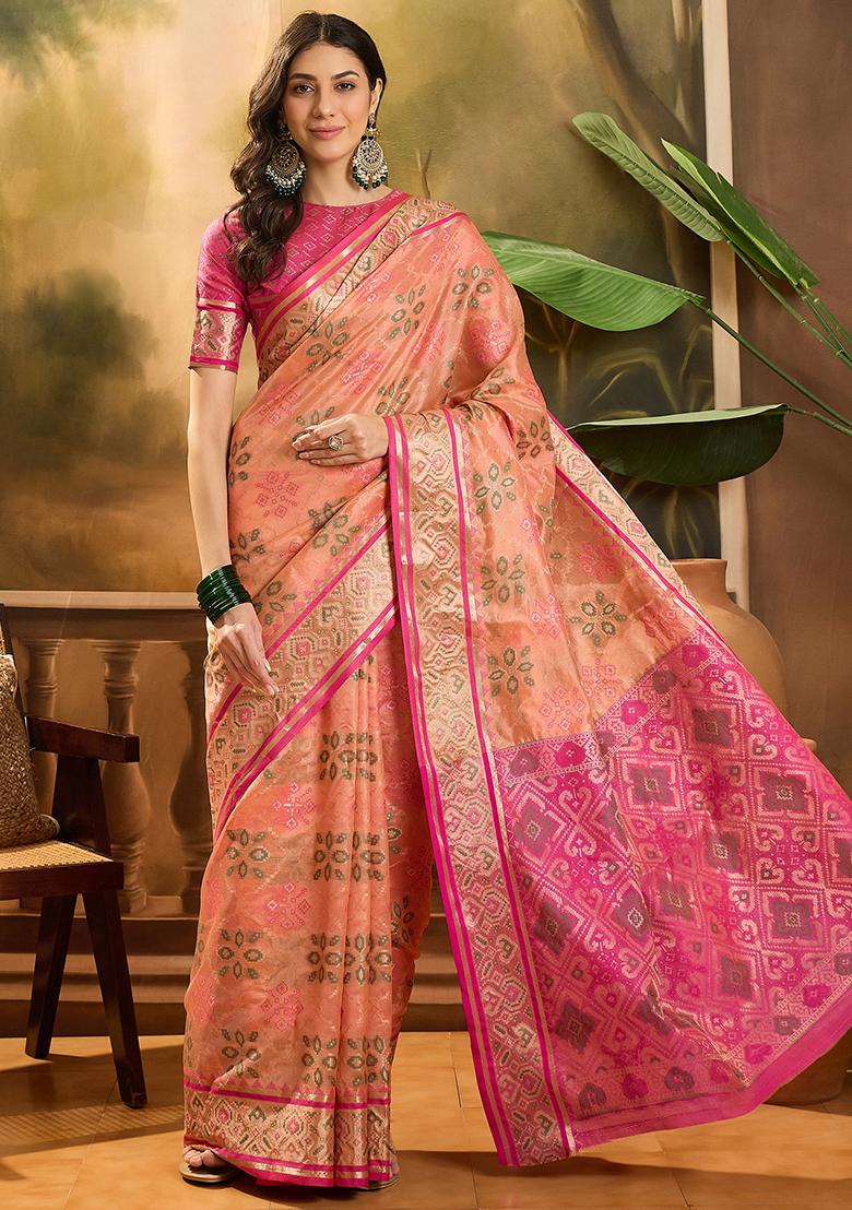 Peach Zari Woven Patola Organza Saree Organza Saree Set