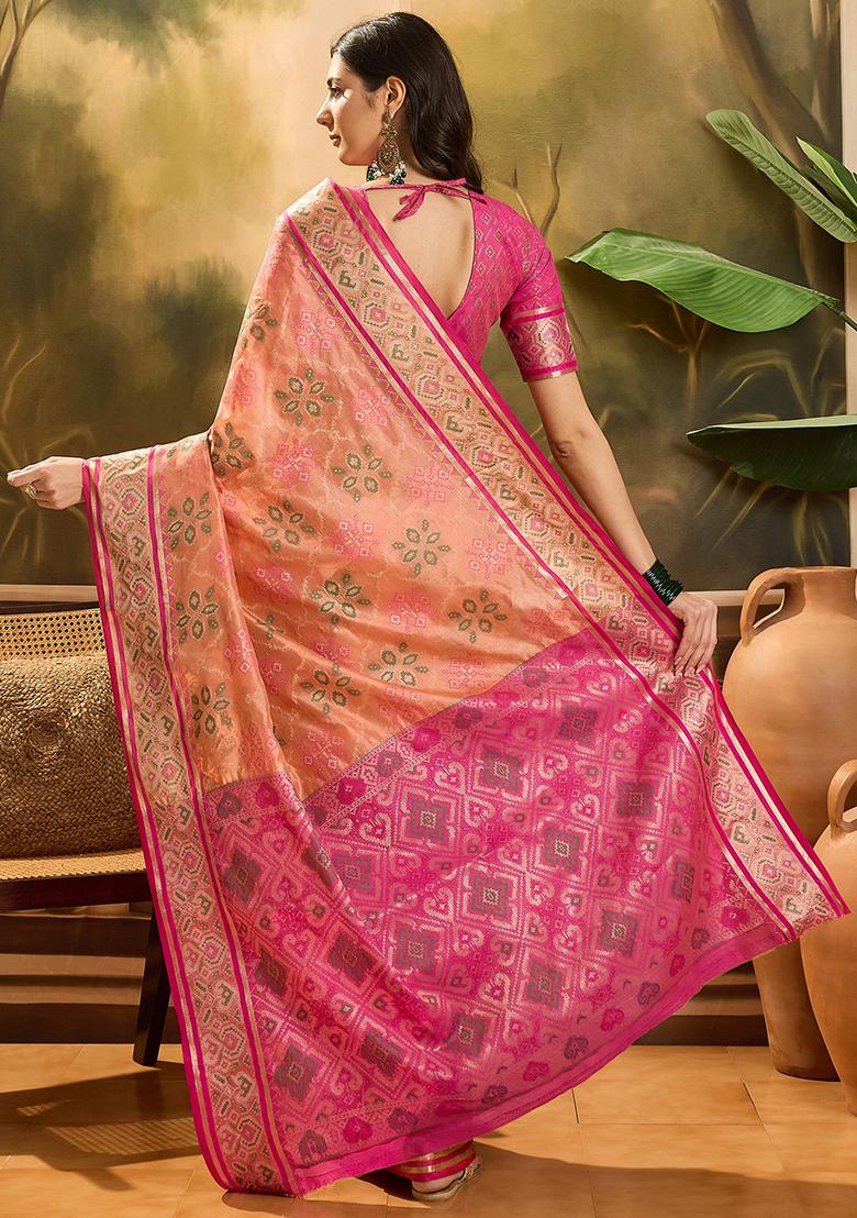Peach Zari Woven Patola Organza Saree Organza Saree Set