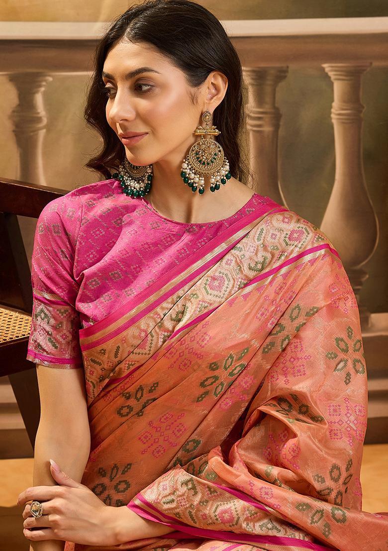 Peach Zari Woven Patola Organza Saree Organza Saree Set