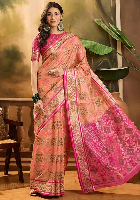 Peach Zari Woven Patola Organza Saree Organza Saree Set