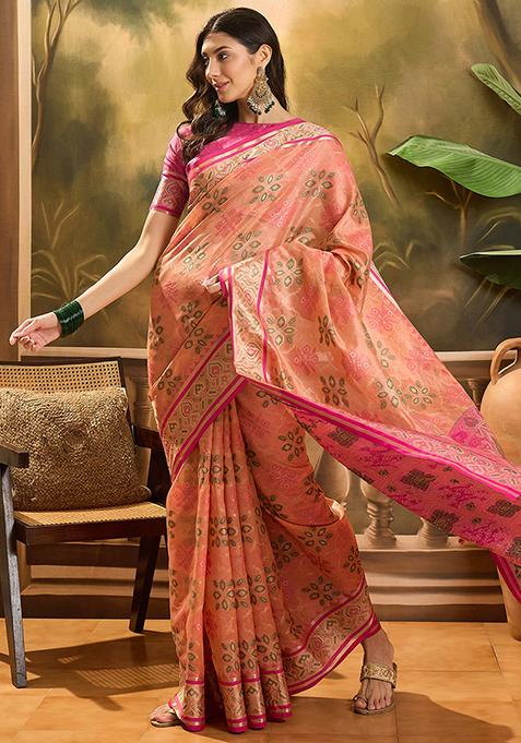Peach Zari Woven Patola Organza Saree Organza Saree Set