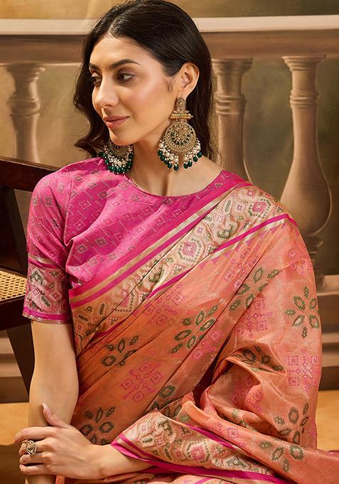 Peach Zari Woven Patola Organza Saree Organza Saree Set