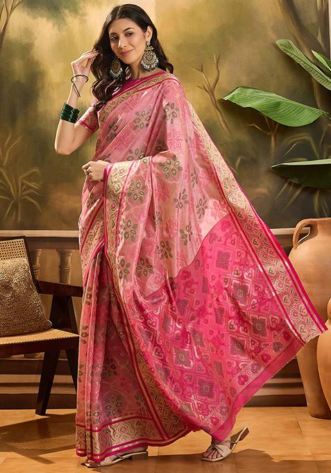 Pink Zari Woven Patola Organza Saree Organza Saree Set