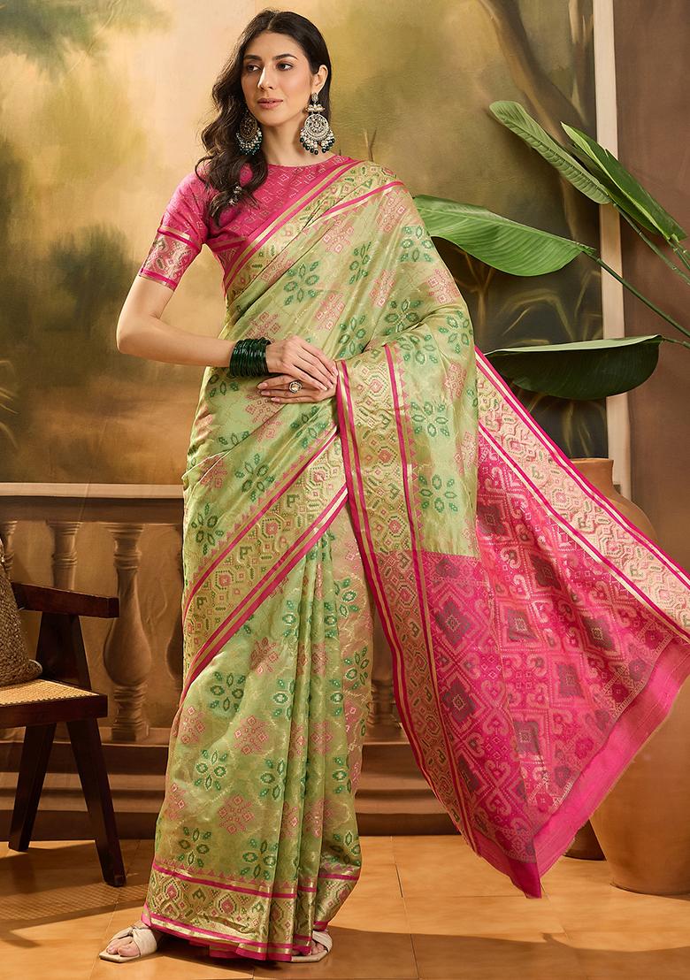 Pista Green Zari Woven Patola Organza Saree Organza Saree Set