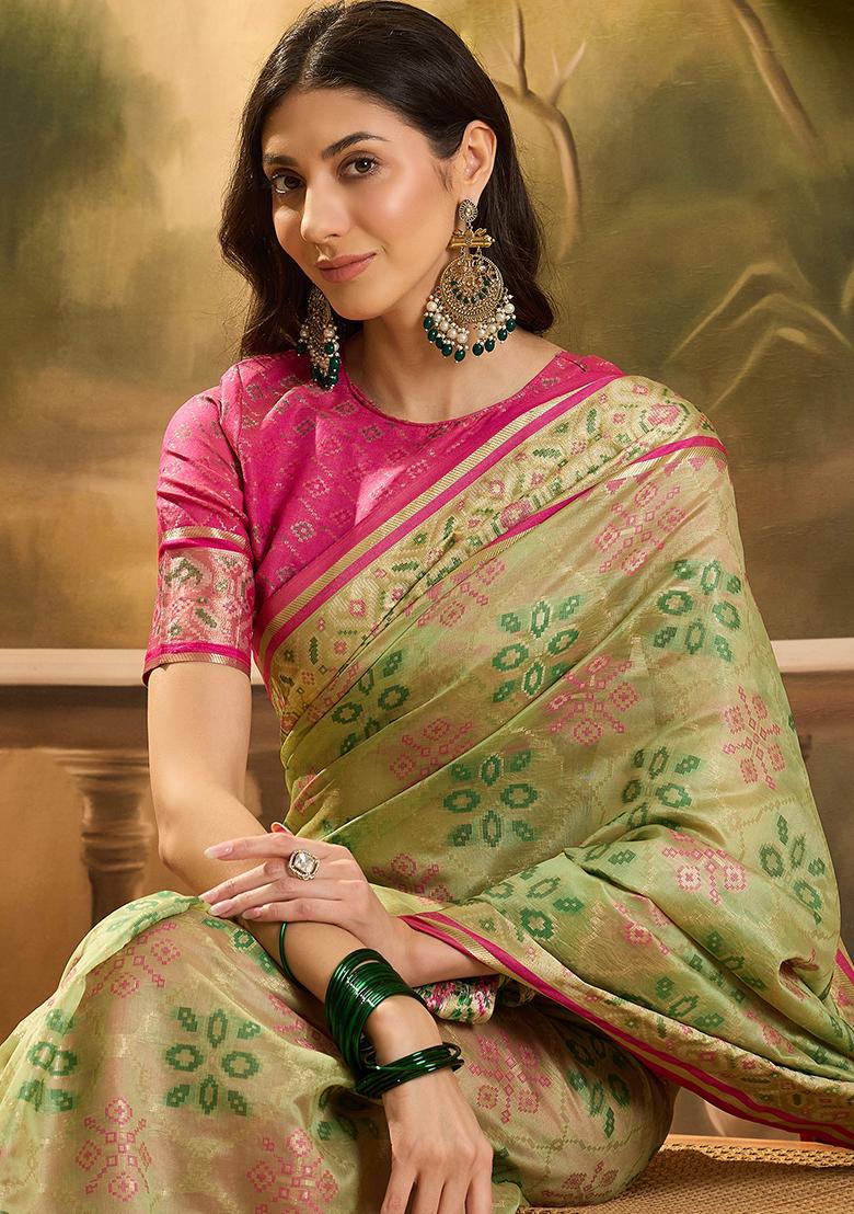 Pista Green Zari Woven Patola Organza Saree Organza Saree Set