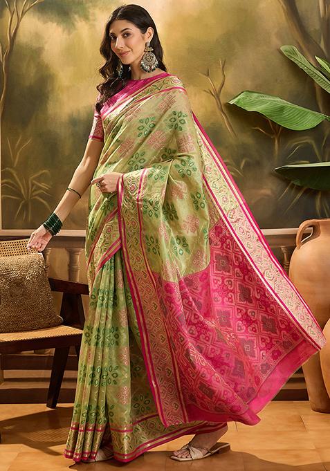 Pista Green Zari Woven Patola Organza Saree Organza Saree Set