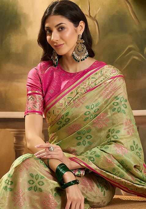 Pista Green Zari Woven Patola Organza Saree Organza Saree Set