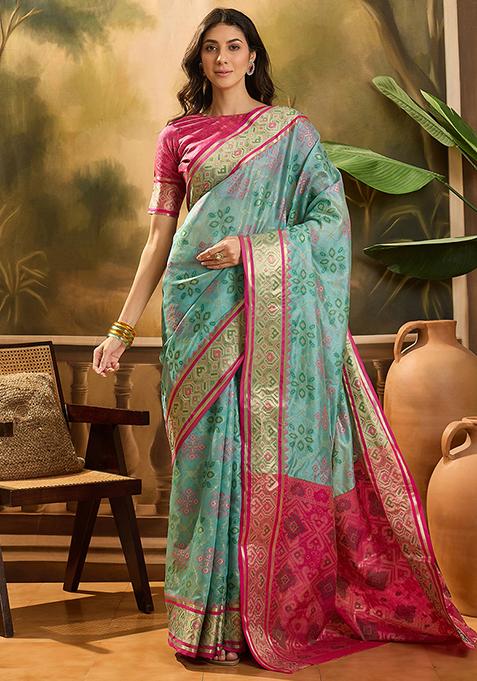 Sky Blue Zari Woven Patola Organza Saree Organza Saree Set