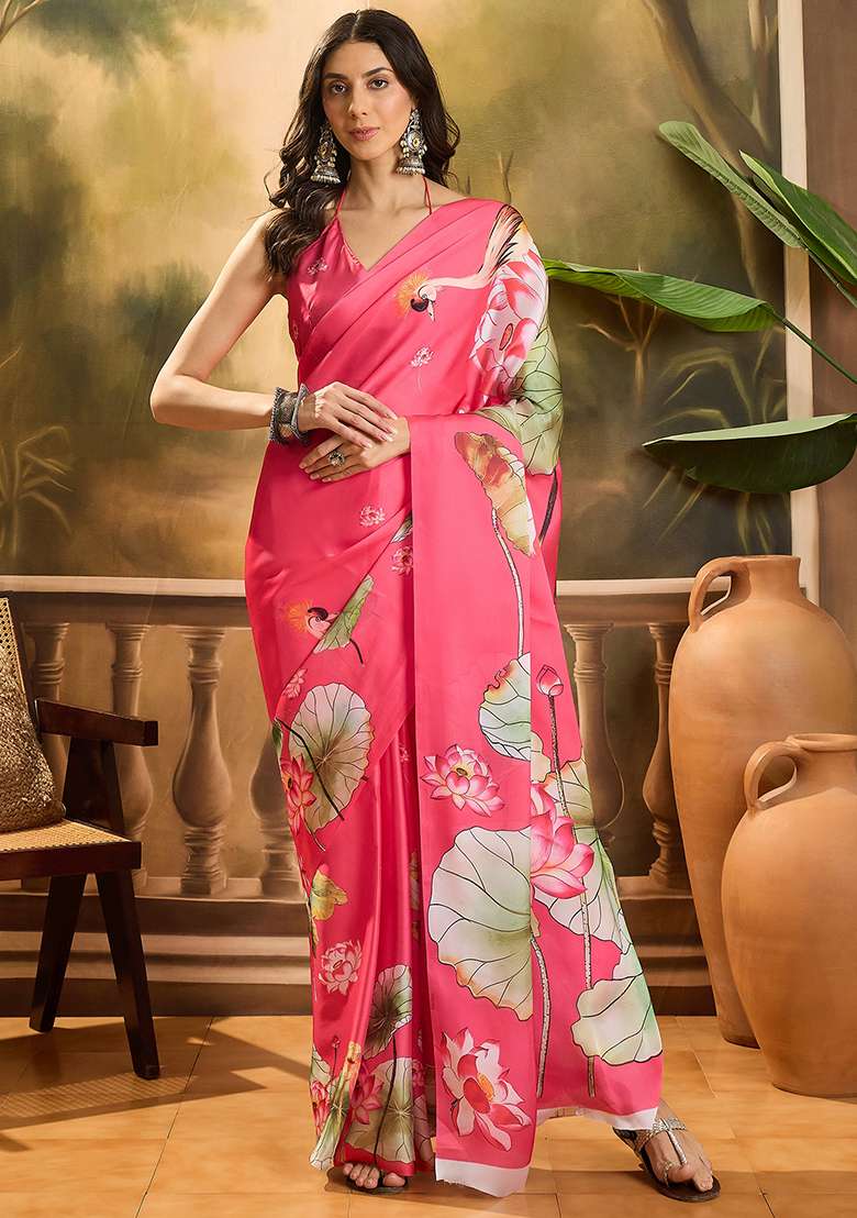Gajari Pink Printed Georgette Saree Set - Indya
