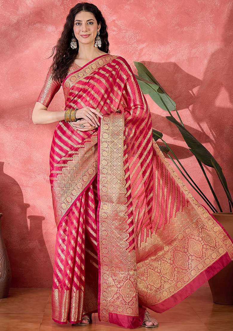 Rani Pink Kanjivaram Organza Saree Organza Saree Set for Diwali and Festive Wear - Indya